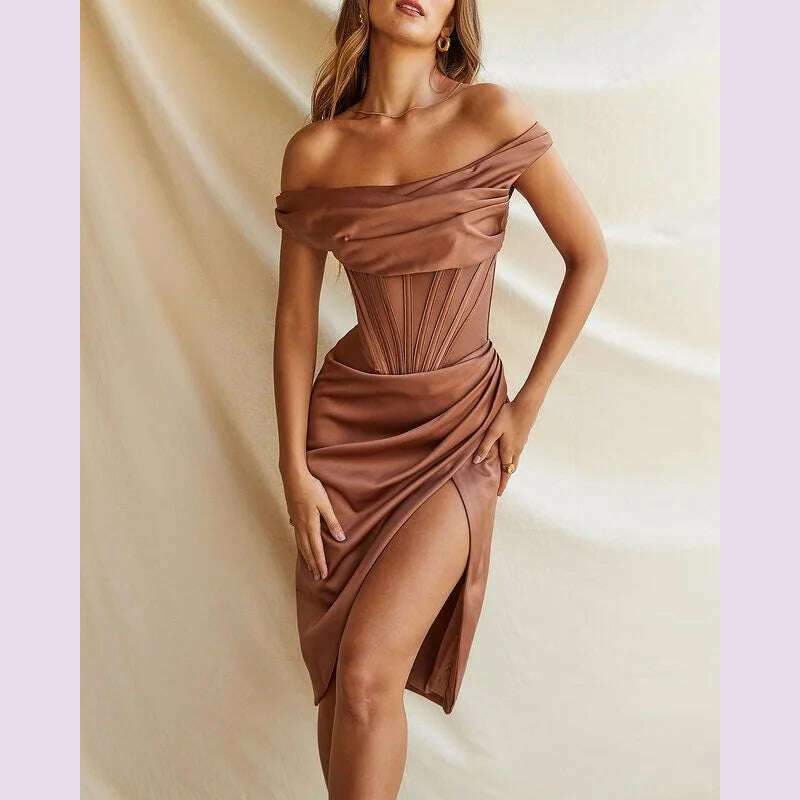 High Quality Satin Bodycon Dress Elegant Women Party Dress 2021 Red Off The Shoulder Sexy Dress Celebrity Evening Night Dresses - KIMLUD