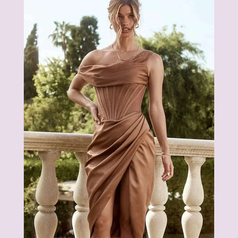 High Quality Satin Bodycon Dress Elegant Women Party Dress 2021 Red Off The Shoulder Sexy Dress Celebrity Evening Night Dresses - KIMLUD