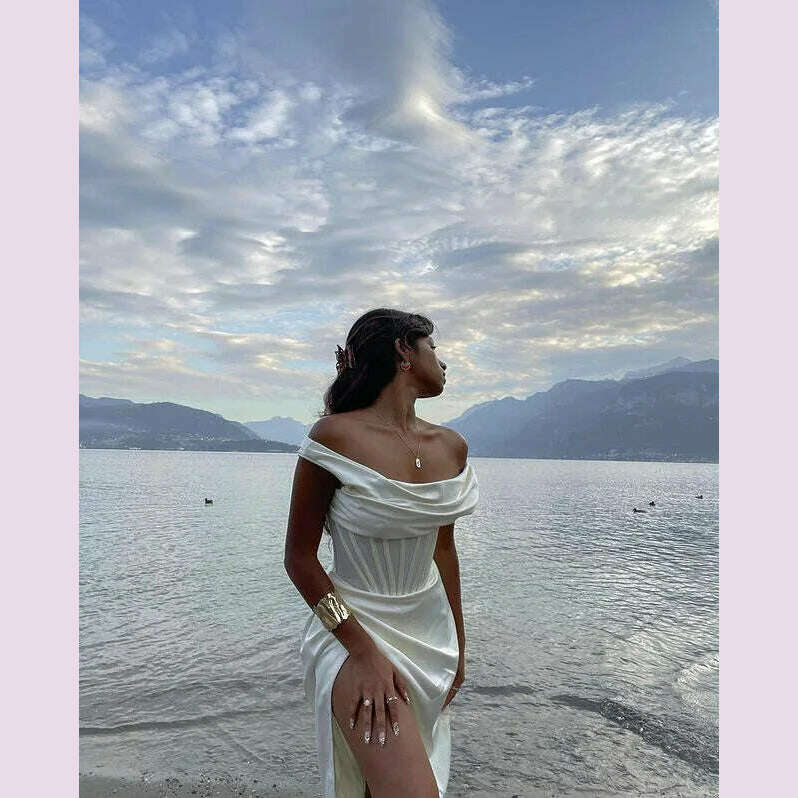 High Quality Satin Bodycon Dress Elegant Women Party Dress 2021 Red Off The Shoulder Sexy Dress Celebrity Evening Night Dresses - KIMLUD