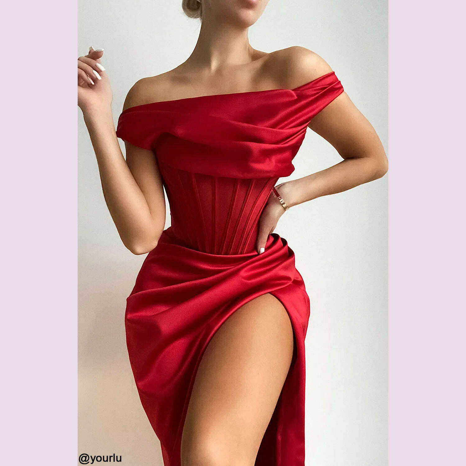 High Quality Satin Bodycon Dress Elegant Women Party Dress 2021 Red Off The Shoulder Sexy Dress Celebrity Evening Night Dresses - KIMLUD