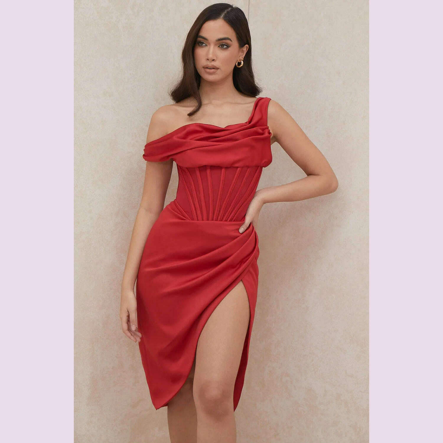 High Quality Satin Bodycon Dress Elegant Women Party Dress 2021 Red Off The Shoulder Sexy Dress Celebrity Evening Night Dresses - KIMLUD