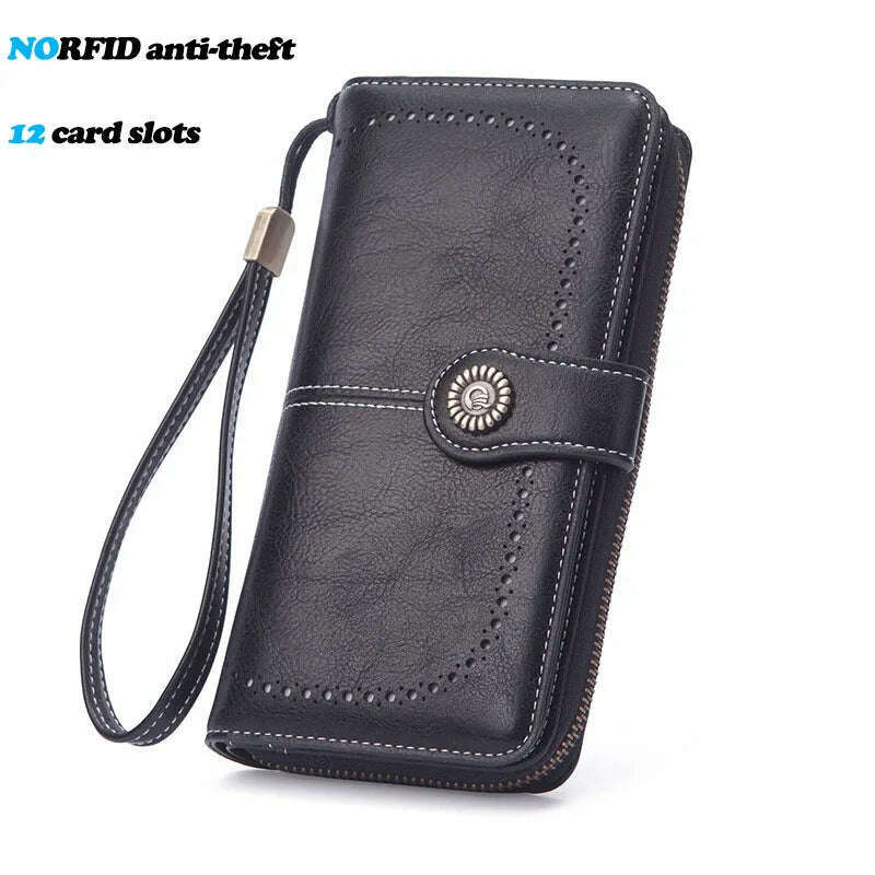 KIMLUD, High Quality Women Wallet RFID Anti-theft Leather Wallets For Woman Long Zipper Large Ladies Clutch Bag Female Purse Card Holder, Black-2, KIMLUD Womens Clothes