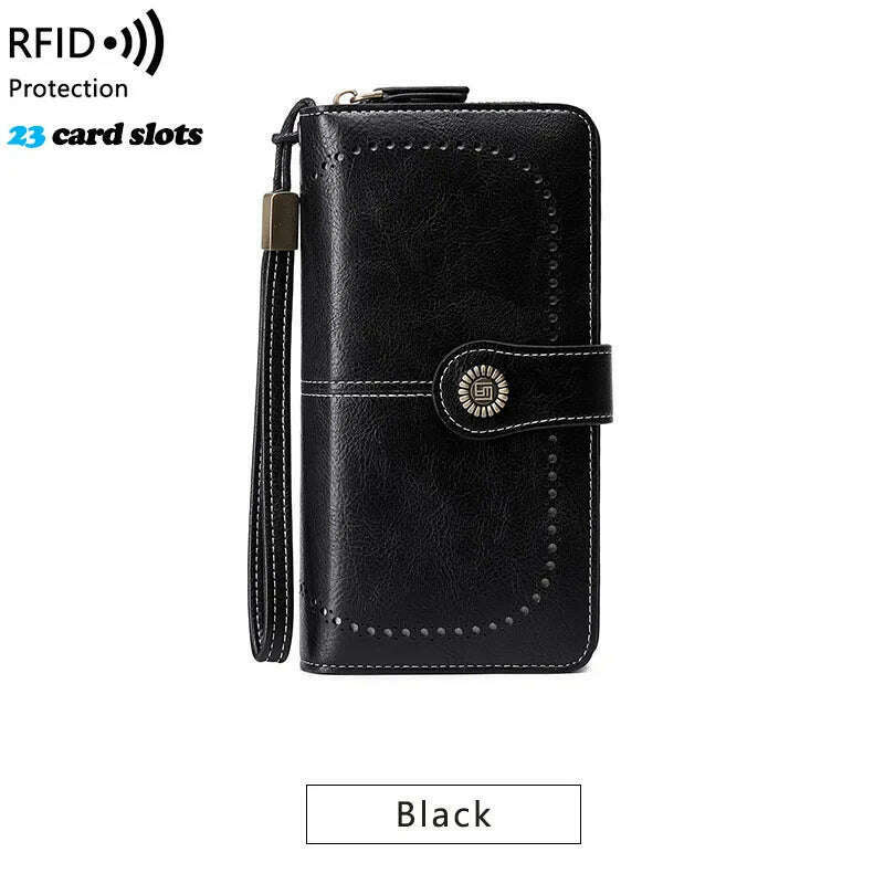 KIMLUD, High Quality Women Wallet RFID Anti-theft Leather Wallets For Woman Long Zipper Large Ladies Clutch Bag Female Purse Card Holder, Black-1, KIMLUD Womens Clothes