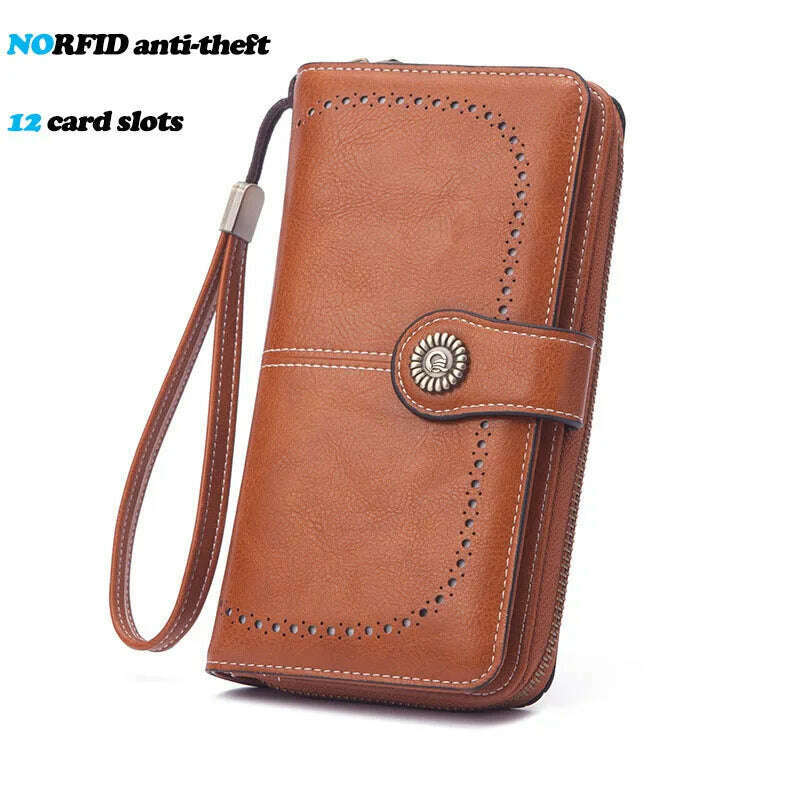 KIMLUD, High Quality Women Wallet RFID Anti-theft Leather Wallets For Woman Long Zipper Large Ladies Clutch Bag Female Purse Card Holder, Brown-2, KIMLUD Womens Clothes