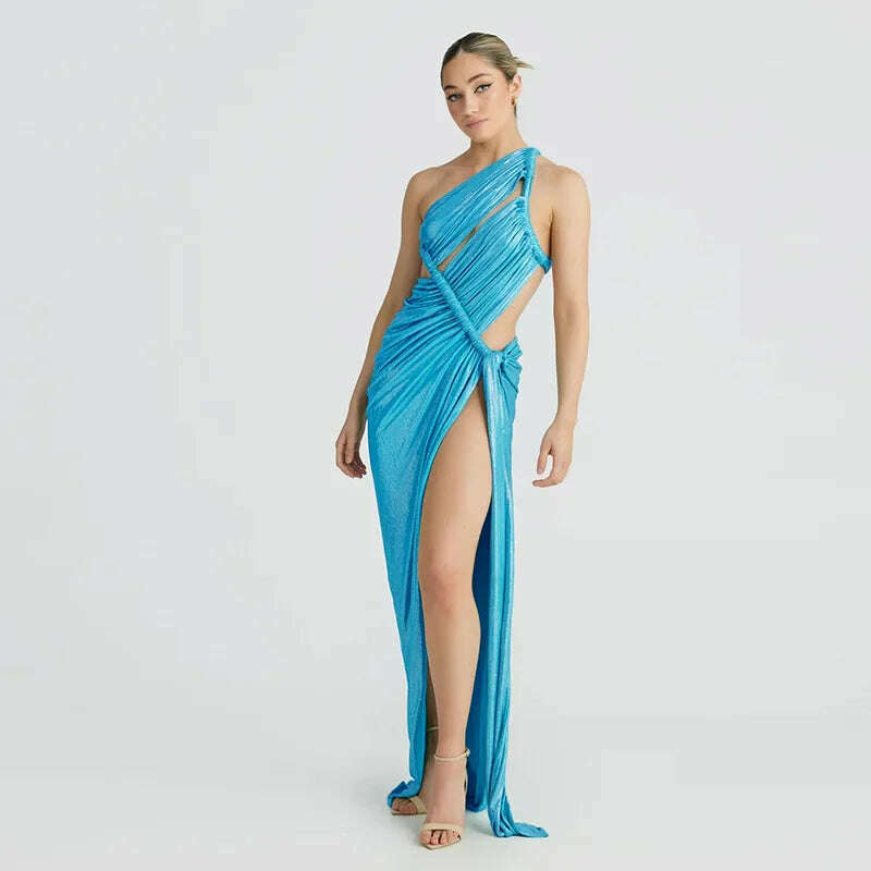 KIMLUD, High Split Women Maxi Dress Skew Collar Hollow Out Sleeveless Sexy 2023 New Fashion Lady Night Party Prom Vestidos, KIMLUD Womens Clothes