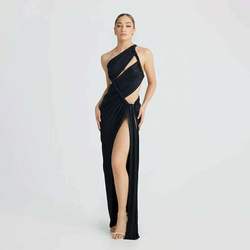 KIMLUD, High Split Women Maxi Dress Skew Collar Hollow Out Sleeveless Sexy 2023 New Fashion Lady Night Party Prom Vestidos, Black / L, KIMLUD APPAREL - Womens Clothes