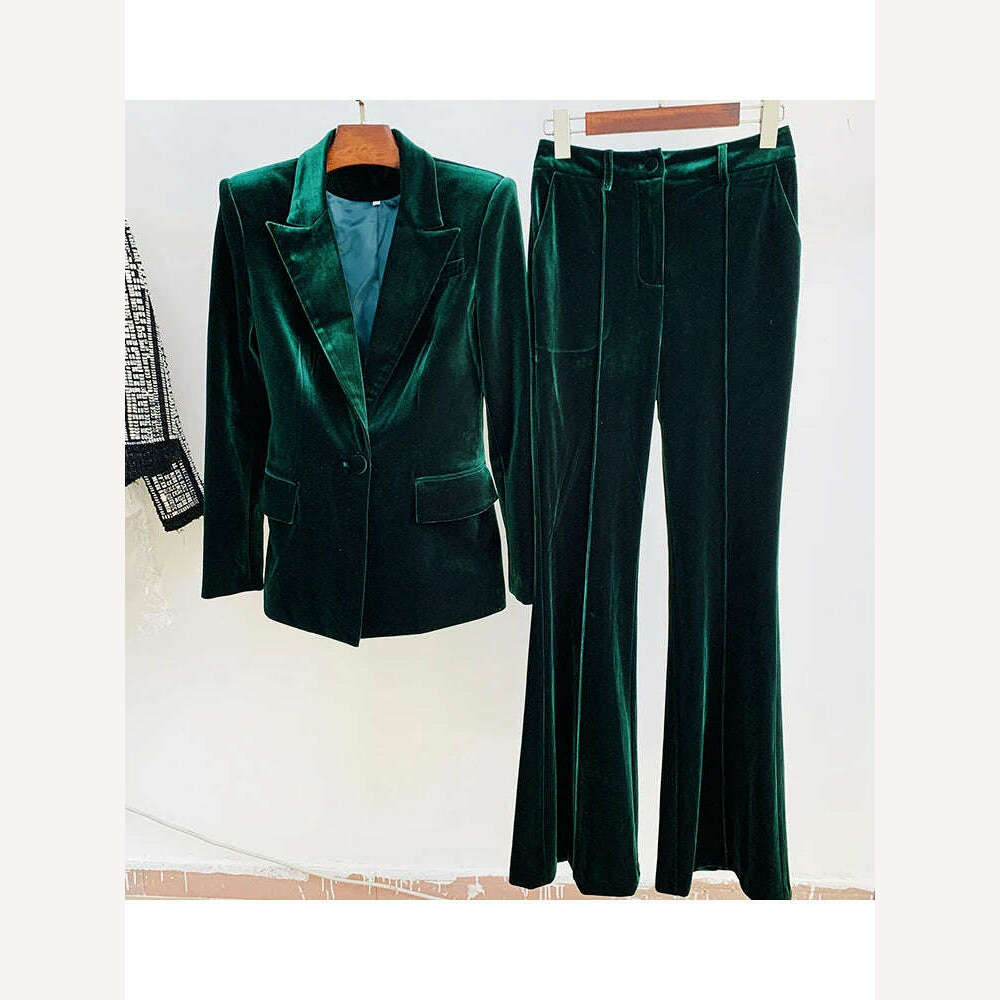 KIMLUD, HIGH STREET 2024 Autumn Winter Designer Runway Suit Set Women's Single Button Velvet Blazer Jacket Flare Pants Suit, Dark Green / XL, KIMLUD APPAREL - Womens Clothes