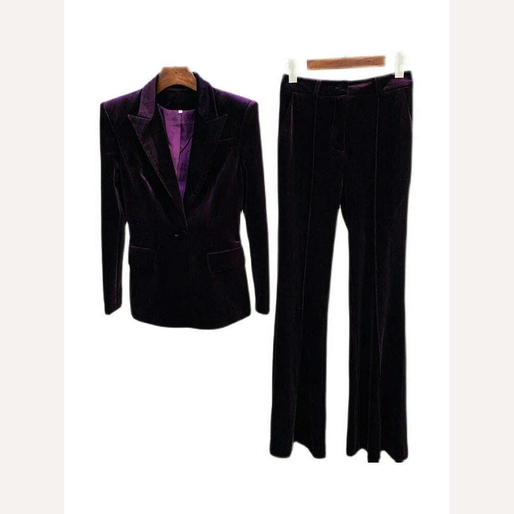 KIMLUD, HIGH STREET 2024 Autumn Winter Designer Runway Suit Set Women's Single Button Velvet Blazer Jacket Flare Pants Suit, PURPLE / S, KIMLUD APPAREL - Womens Clothes