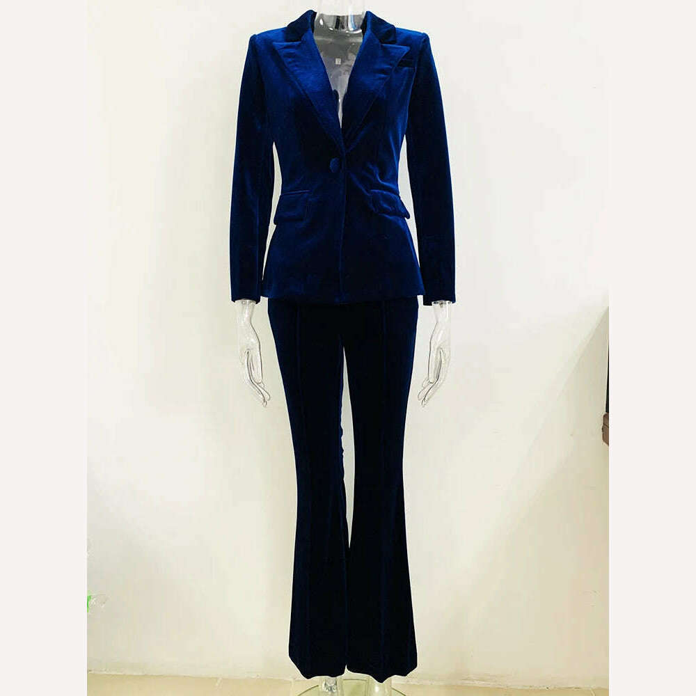 KIMLUD, HIGH STREET 2024 Autumn Winter Designer Runway Suit Set Women's Single Button Velvet Blazer Jacket Flare Pants Suit, Navy Blue / M, KIMLUD APPAREL - Womens Clothes