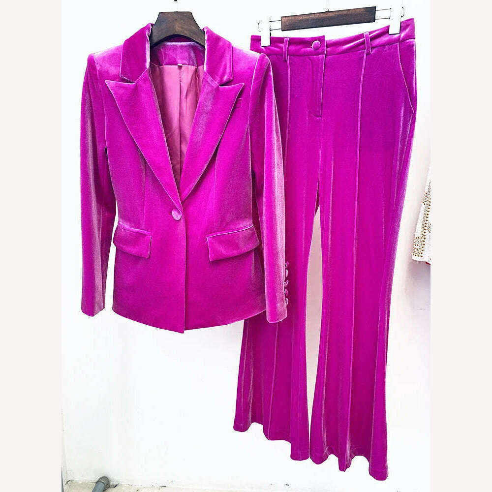 KIMLUD, HIGH STREET 2024 Autumn Winter Designer Runway Suit Set Women's Single Button Velvet Blazer Jacket Flare Pants Suit, Fuchsia / M, KIMLUD APPAREL - Womens Clothes