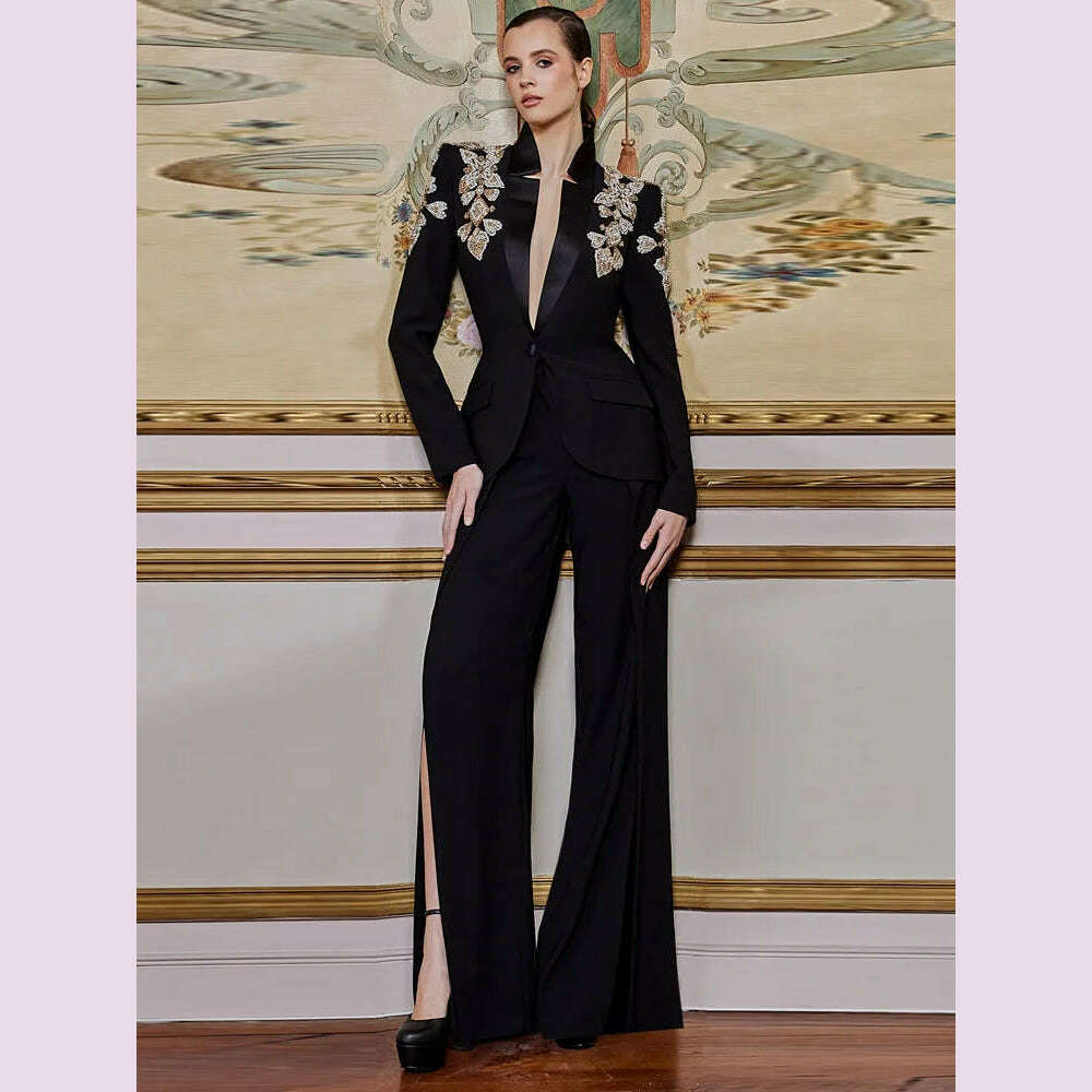 KIMLUD, HIGH STREET Newest 2024 Designer Suit Women Beaded Diamonds Stand Collar Single Button Blazer Wide-leg Pants Set 2PCS, KIMLUD Womens Clothes