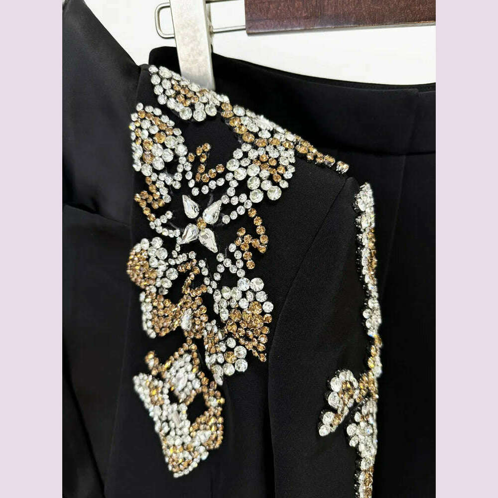 KIMLUD, HIGH STREET Newest 2024 Designer Suit Women Beaded Diamonds Stand Collar Single Button Blazer Wide-leg Pants Set 2PCS, KIMLUD Womens Clothes