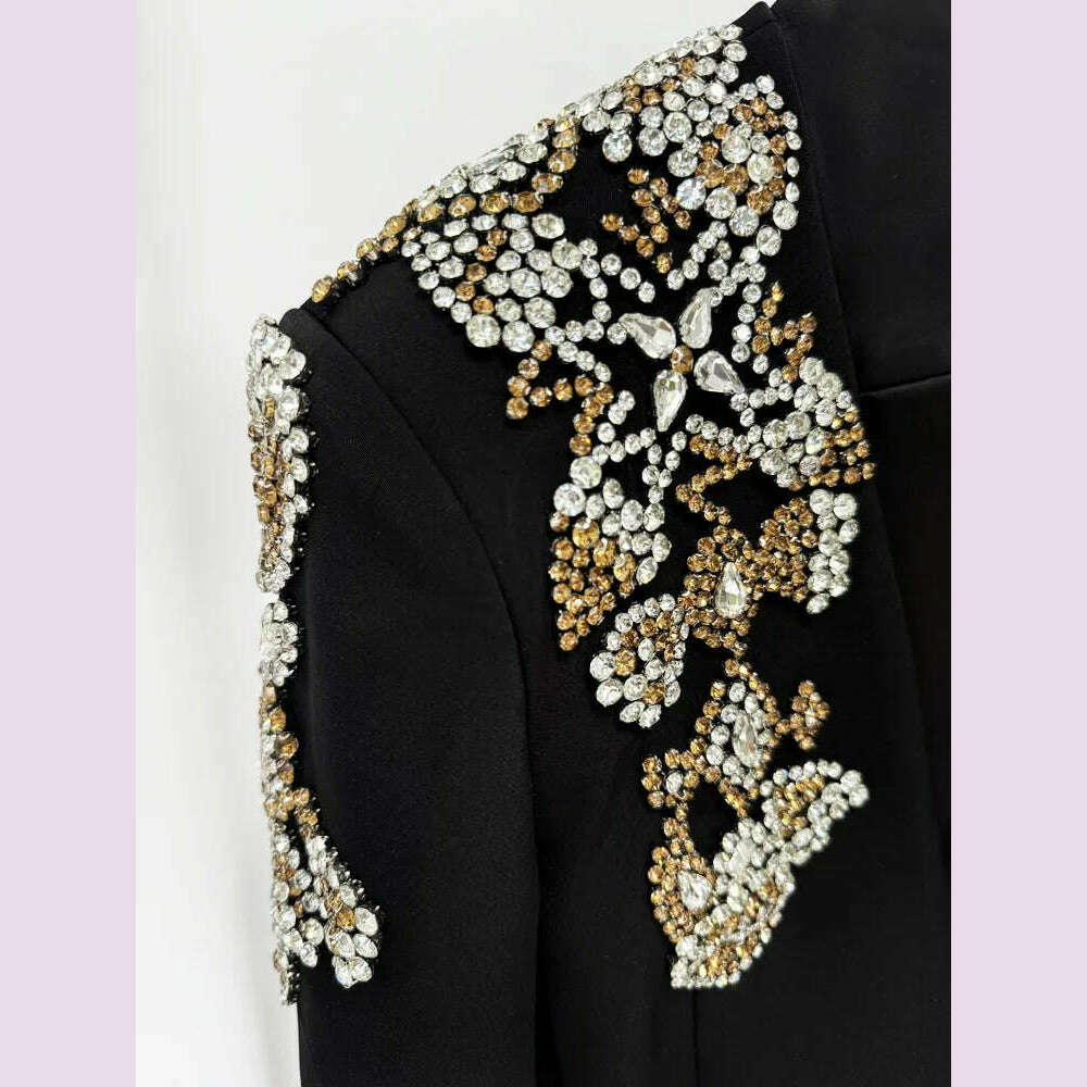 KIMLUD, HIGH STREET Newest 2024 Designer Suit Women Beaded Diamonds Stand Collar Single Button Blazer Wide-leg Pants Set 2PCS, KIMLUD Womens Clothes