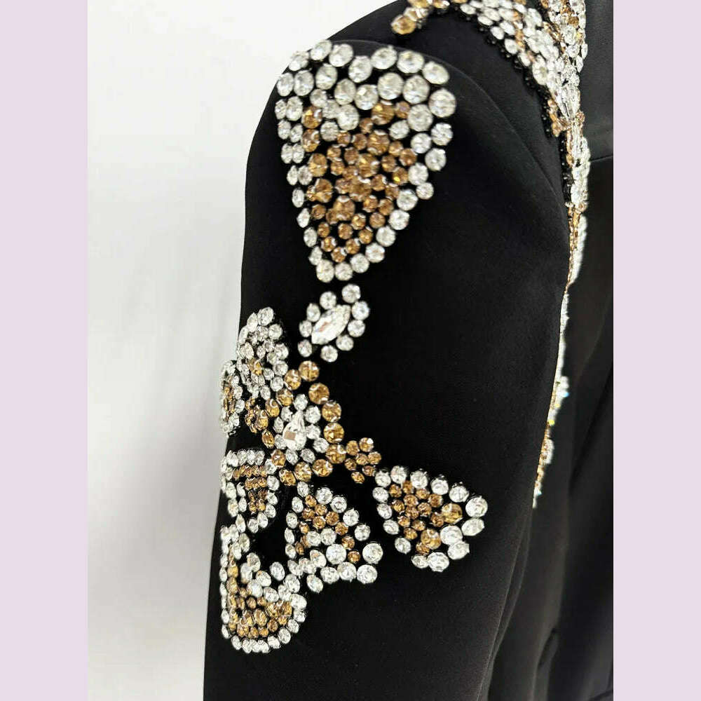 KIMLUD, HIGH STREET Newest 2024 Designer Suit Women Beaded Diamonds Stand Collar Single Button Blazer Wide-leg Pants Set 2PCS, KIMLUD Womens Clothes