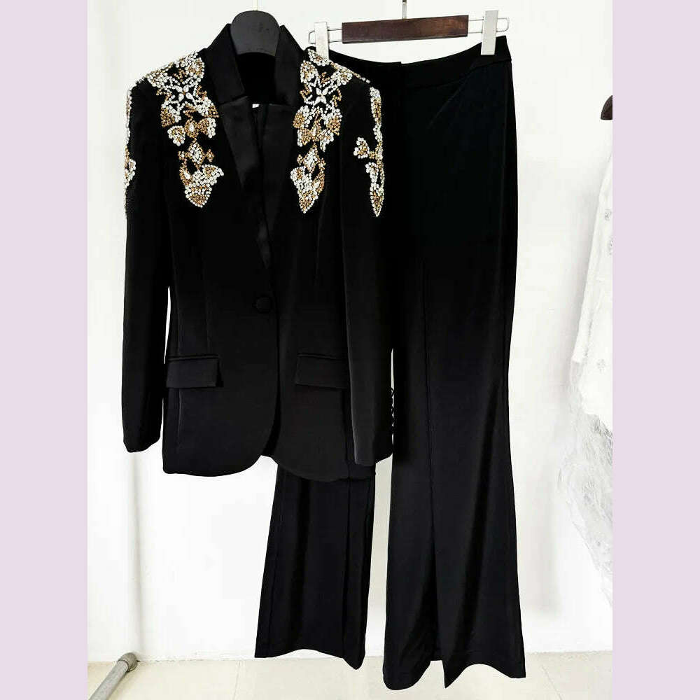 KIMLUD, HIGH STREET Newest 2024 Designer Suit Women Beaded Diamonds Stand Collar Single Button Blazer Wide-leg Pants Set 2PCS, black / S, KIMLUD APPAREL - Womens Clothes