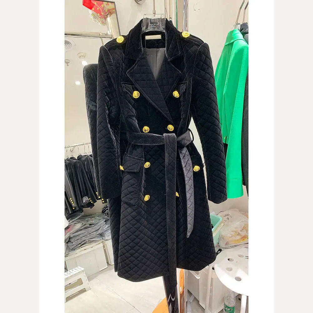 KIMLUD, HIGH STREET Newest Fashion 2022 Designer Overcoat Women's Double Breasted Plaid Belted Velvet Long Coat, KIMLUD Womens Clothes