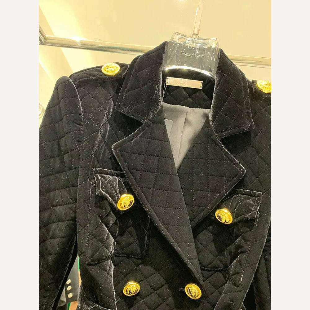 KIMLUD, HIGH STREET Newest Fashion 2022 Designer Overcoat Women's Double Breasted Plaid Belted Velvet Long Coat, KIMLUD Womens Clothes