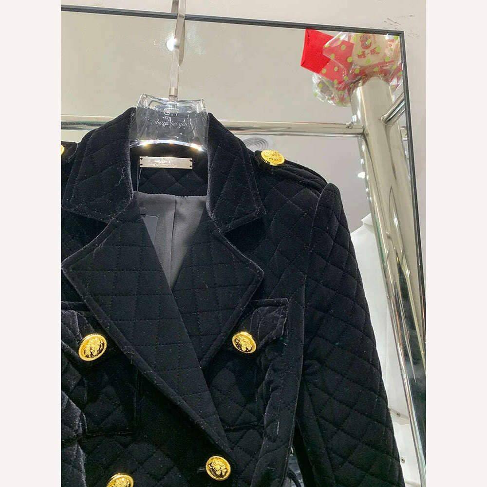KIMLUD, HIGH STREET Newest Fashion 2022 Designer Overcoat Women's Double Breasted Plaid Belted Velvet Long Coat, KIMLUD Womens Clothes