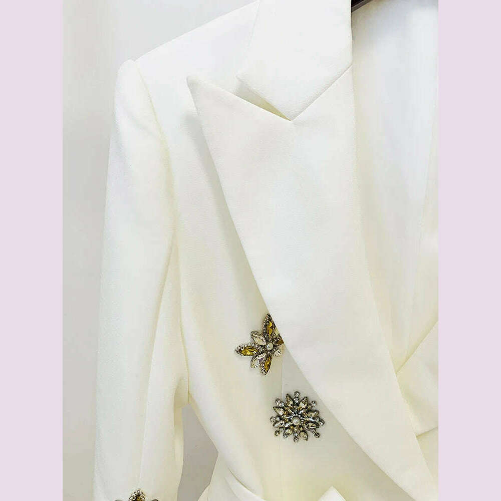 KIMLUD, HIGH STREET Newest Fashion 2023 Designer Jacket Women's Slit Sleeve Rhinestone Diamonds Beading Belted Blazer, KIMLUD Womens Clothes