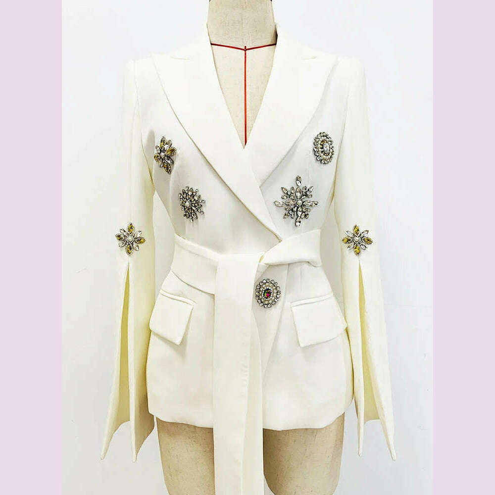 KIMLUD, HIGH STREET Newest Fashion 2023 Designer Jacket Women's Slit Sleeve Rhinestone Diamonds Beading Belted Blazer, KIMLUD Womens Clothes