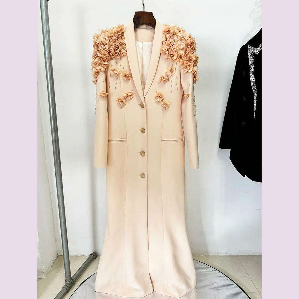 KIMLUD, HIGH STREET Newest Fashion 2024 Designer Maxi Dresses Women's Long Sleeve Stunning Flowers Appliques Beaded Long Dress, Beige / S, KIMLUD APPAREL - Womens Clothes