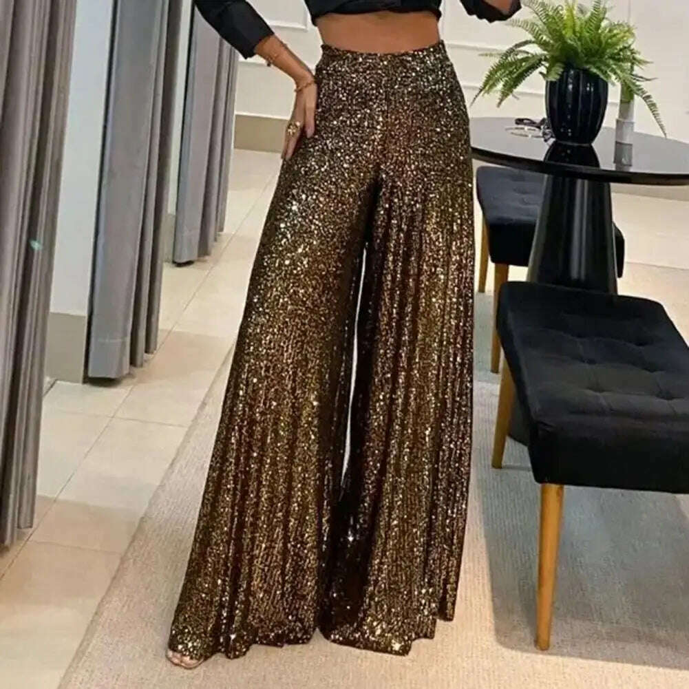 KIMLUD, High Waist Elastic Waistband Straight Full Length Women Pants Club Night Sequins Loose Wide Leg Pants, KIMLUD Womens Clothes