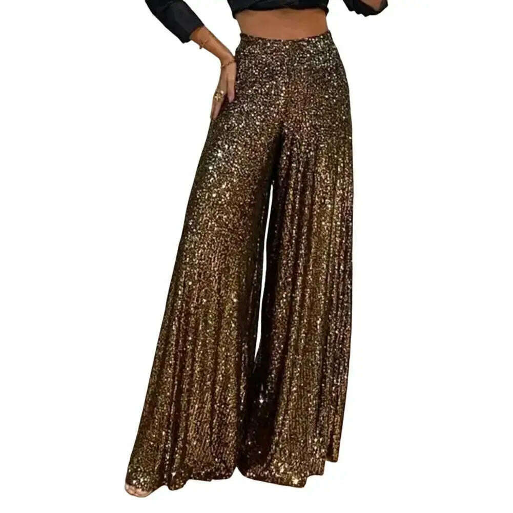 KIMLUD, High Waist Elastic Waistband Straight Full Length Women Pants Club Night Sequins Loose Wide Leg Pants, Dark Brown / S, KIMLUD Womens Clothes