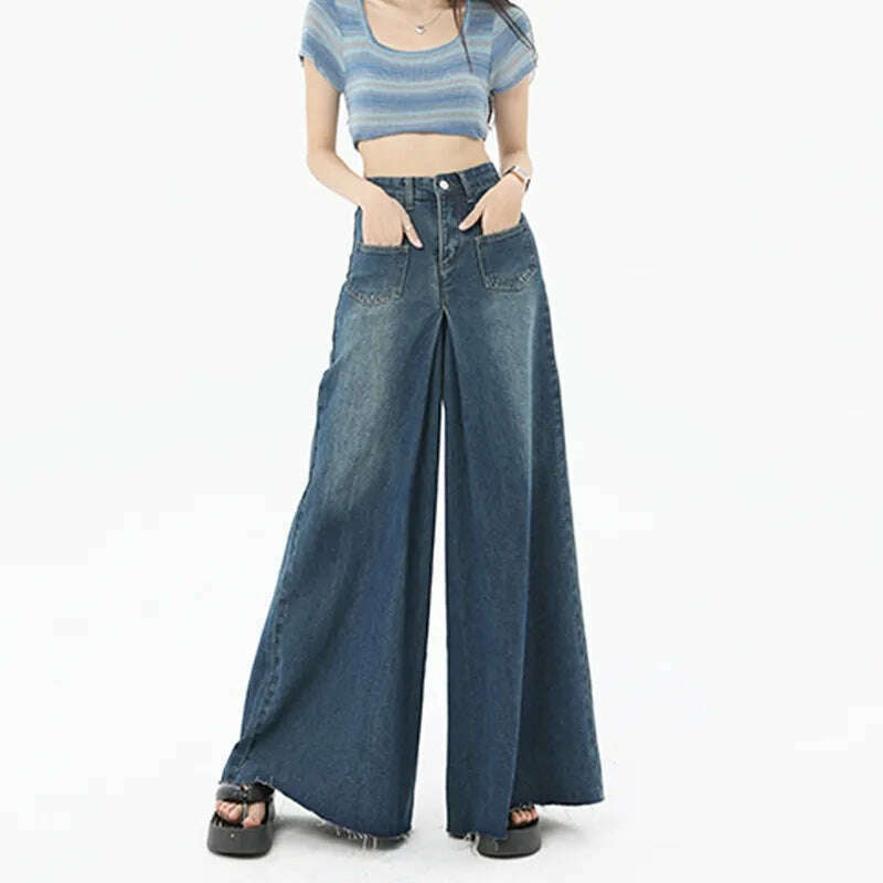 KIMLUD, High Waist Flare Jeans for Women Vintage Fashion Baggy Pants High Street Loose Wide Leg Denim Trousers Office Ladies Casual Jean, Dark Blue / S, KIMLUD APPAREL - Womens Clothes