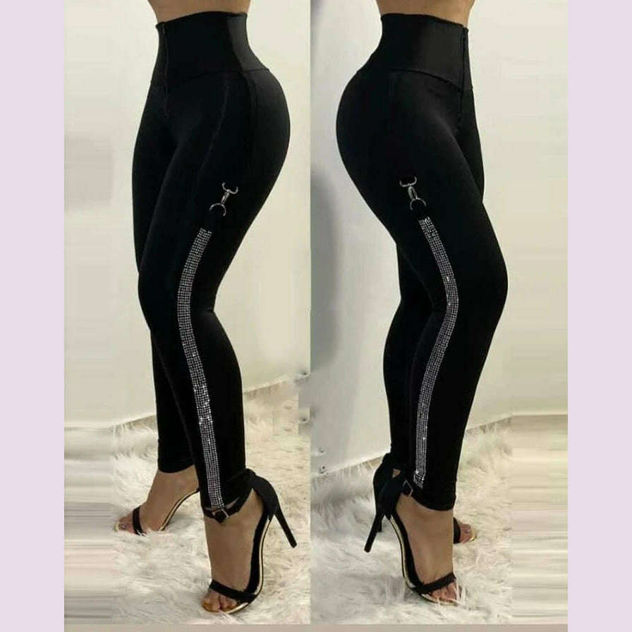 KIMLUD, High Waist Skinny Pants Rhinestone Decor Europe and America Fashion Women's Clothing Plain Daily Office Lady Work Women Trousers, A / 1XL / CHINA, KIMLUD APPAREL - Womens Clothes