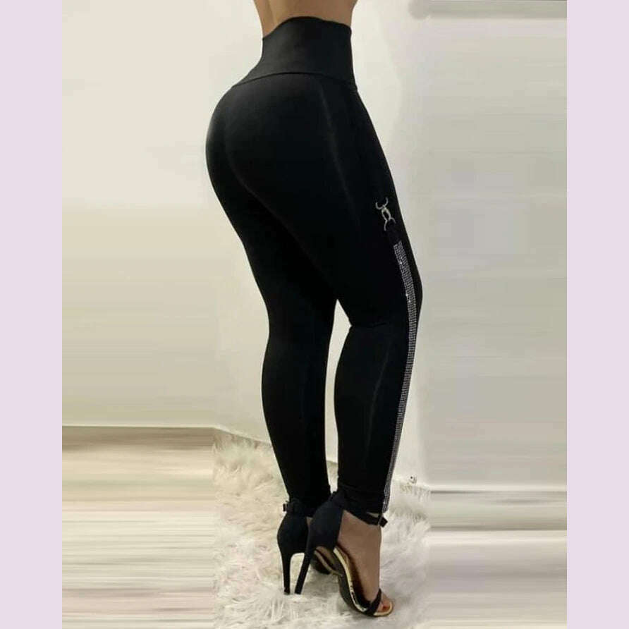 KIMLUD, High Waist Skinny Pants Rhinestone Decor Europe and America Fashion Women's Clothing Plain Daily Office Lady Work Women Trousers, KIMLUD Womens Clothes