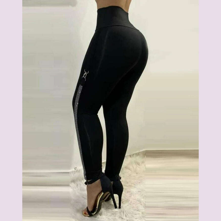 KIMLUD, High Waist Skinny Pants Rhinestone Decor Europe and America Fashion Women's Clothing Plain Daily Office Lady Work Women Trousers, KIMLUD Womens Clothes