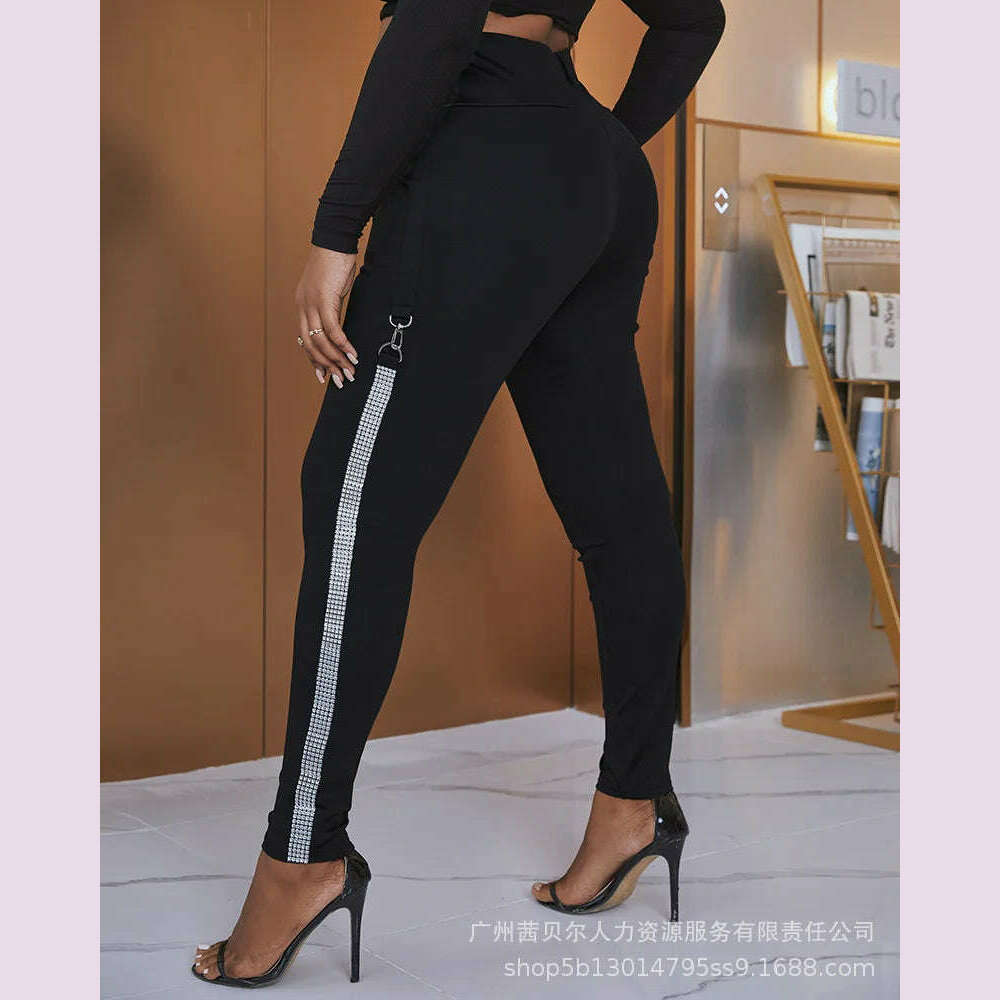 KIMLUD, High Waist Skinny Pants Rhinestone Decor Europe and America Fashion Women's Clothing Plain Daily Office Lady Work Women Trousers, KIMLUD Womens Clothes