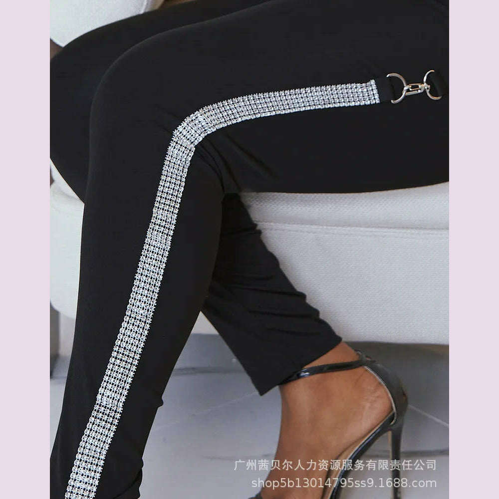 KIMLUD, High Waist Skinny Pants Rhinestone Decor Europe and America Fashion Women's Clothing Plain Daily Office Lady Work Women Trousers, KIMLUD Womens Clothes