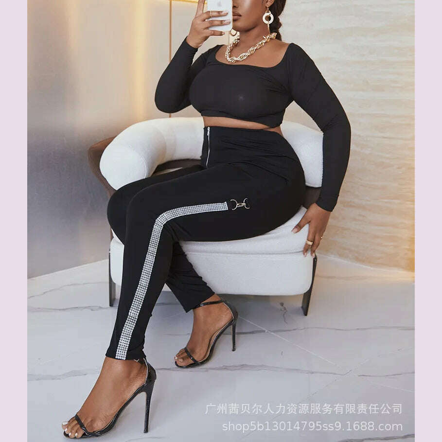 KIMLUD, High Waist Skinny Pants Rhinestone Decor Europe and America Fashion Women's Clothing Plain Daily Office Lady Work Women Trousers, KIMLUD Womens Clothes