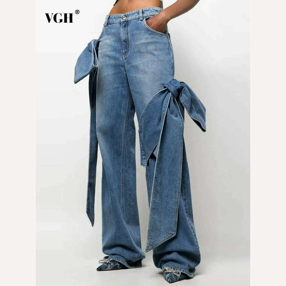 KIMLUD, High Waist Spliced Pocket Loose Minimalist Full Length Denim Trousers for Women Eye Catching Solid Patchwork Lace Up Fashion, KIMLUD Womens Clothes