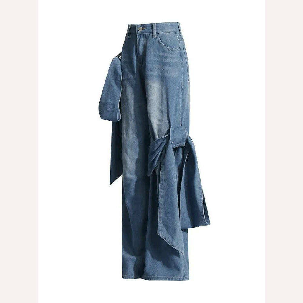 KIMLUD, High Waist Spliced Pocket Loose Minimalist Full Length Denim Trousers for Women Eye Catching Solid Patchwork Lace Up Fashion, KIMLUD Womens Clothes