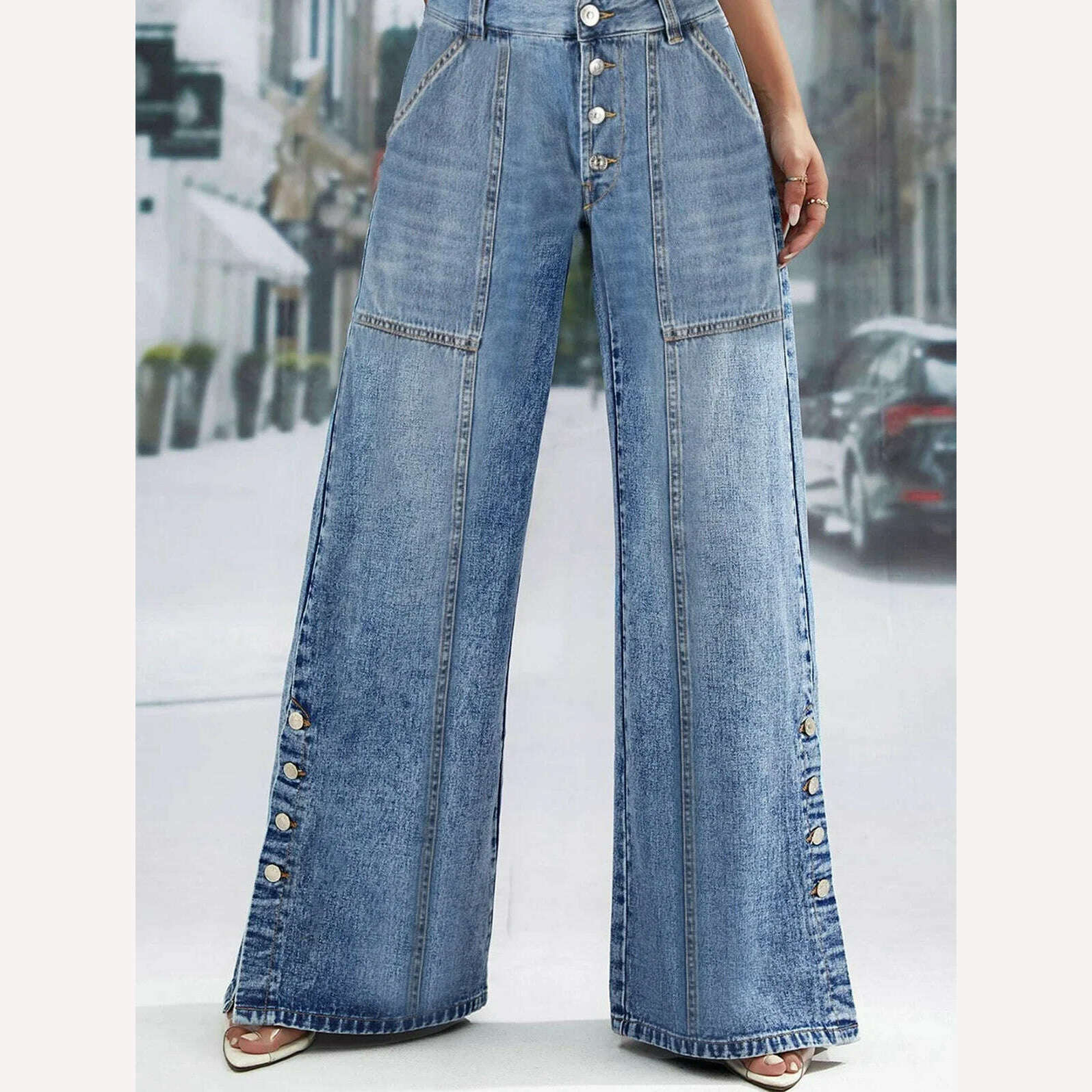 High Waist Wide Leg Jeans Women Fashion High Waist Button Wide Leg Long Pants Loose Slimming Straight Trendy Long Pants - KIMLUD