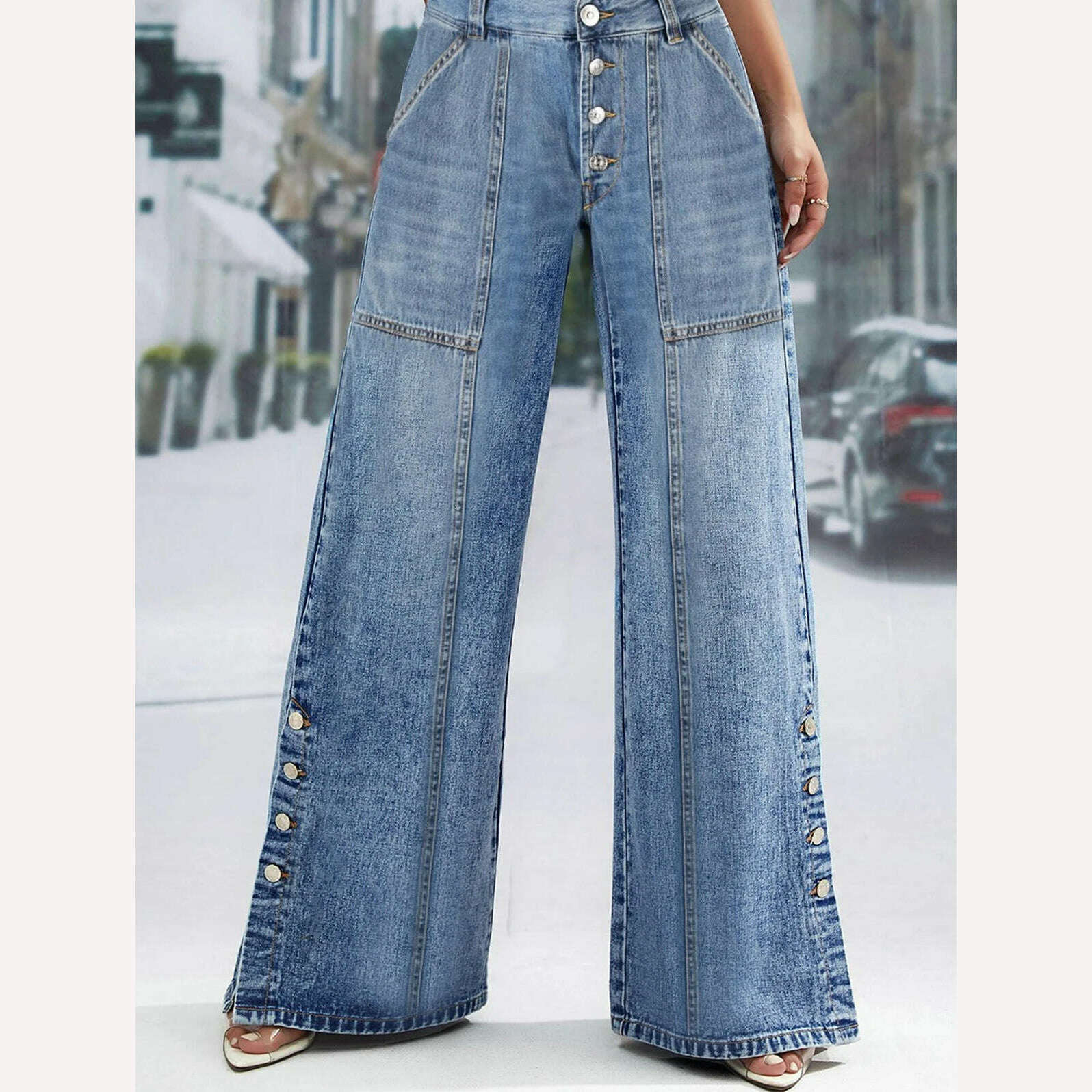 High Waist Wide Leg Jeans Women Fashion High Waist Button Wide Leg Long Pants Loose Slimming Straight Trendy Long Pants - KIMLUD