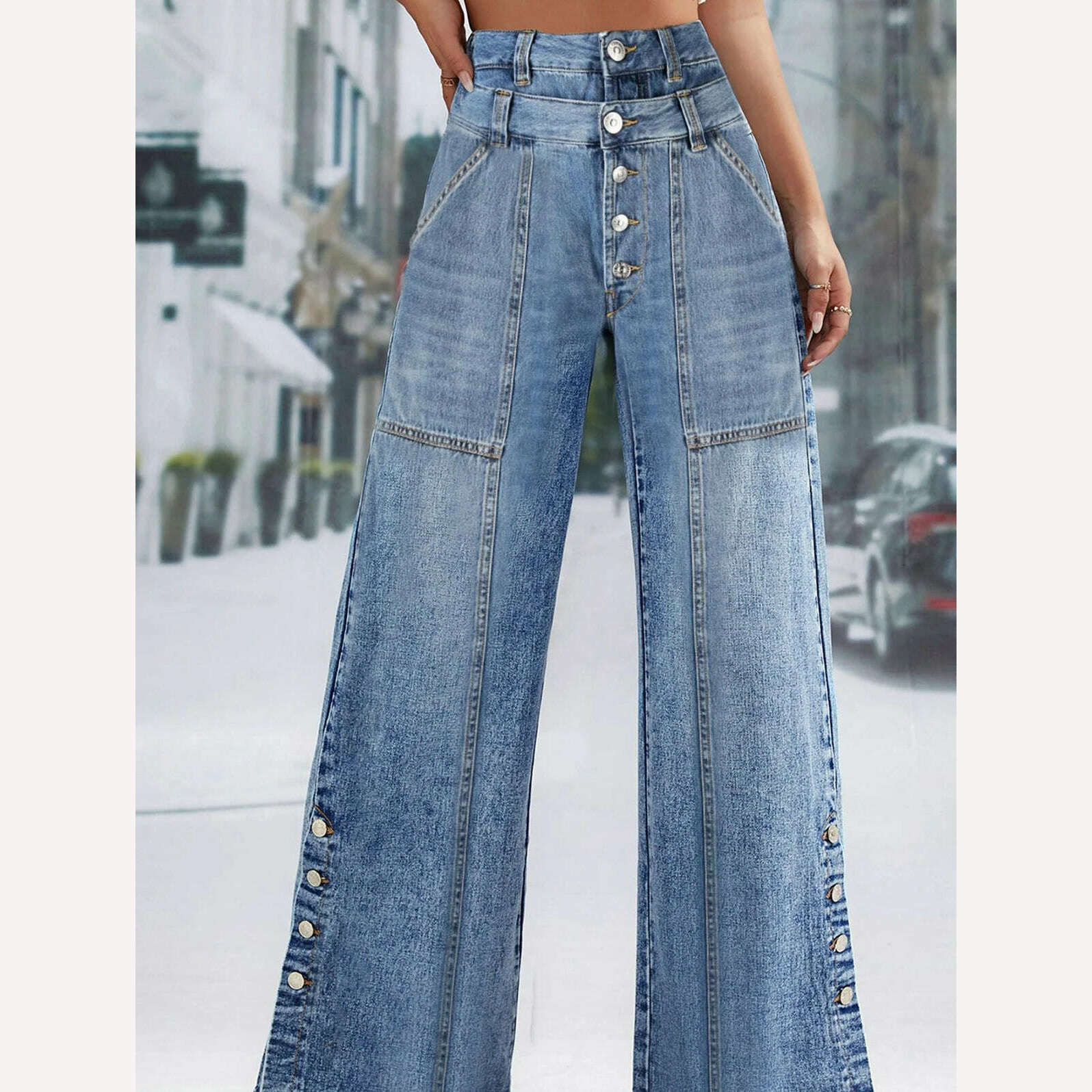 High Waist Wide Leg Jeans Women Fashion High Waist Button Wide Leg Long Pants Loose Slimming Straight Trendy Long Pants - KIMLUD