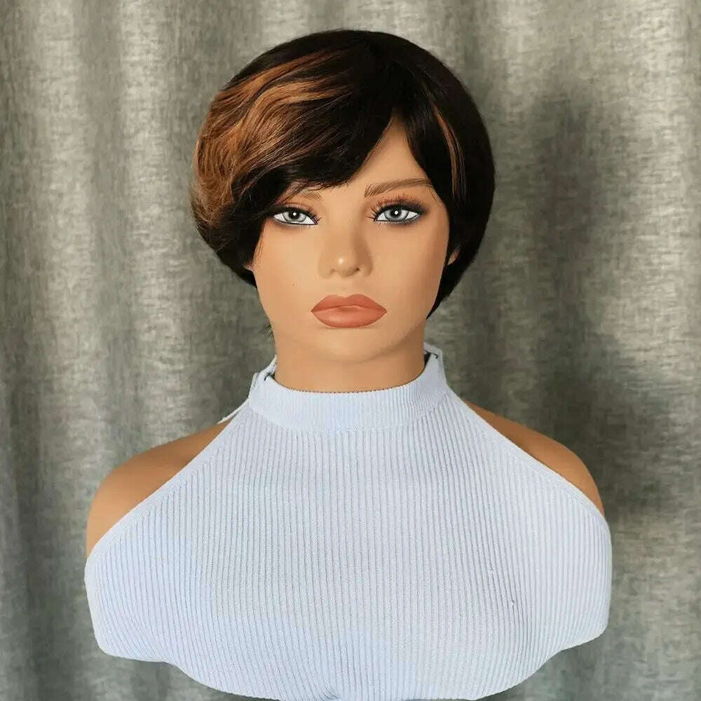 KIMLUD, Highlight Honey Blonde Colored Pixie Cut Wig With Bangs Brazilian Remy Human Hair Glueless Short Bob Full Machine Made Wigs, 200 Density / Model Length / Highlight, KIMLUD APPAREL - Womens Clothes