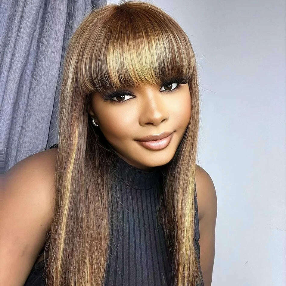 KIMLUD, Highlight Machine Made Wigs With Bangs Bone Straight Wig Human Hair Burgundy 99j Honey Blonde Colored Human Hair Wigs For Women, KIMLUD Womens Clothes
