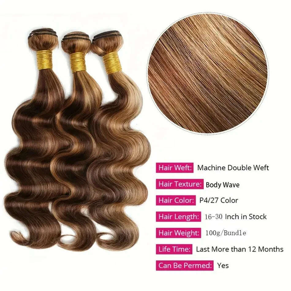 Highlighted Body Wave Bundles With Frontal P4/27 Piano Color Remy Double Weft Brazilian Human Hair Bundle With 13x4 Lace Frontal - KIMLUD