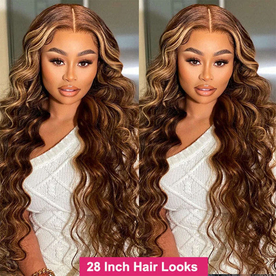 Highlighted Body Wave Bundles With Frontal P4/27 Piano Color Remy Double Weft Brazilian Human Hair Bundle With 13x4 Lace Frontal - KIMLUD