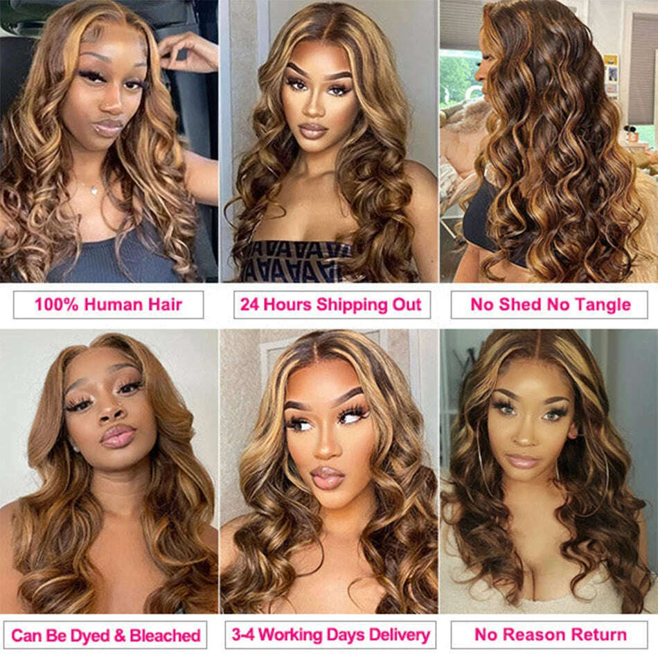 Highlighted Body Wave Bundles With Frontal P4/27 Piano Color Remy Double Weft Brazilian Human Hair Bundle With 13x4 Lace Frontal - KIMLUD