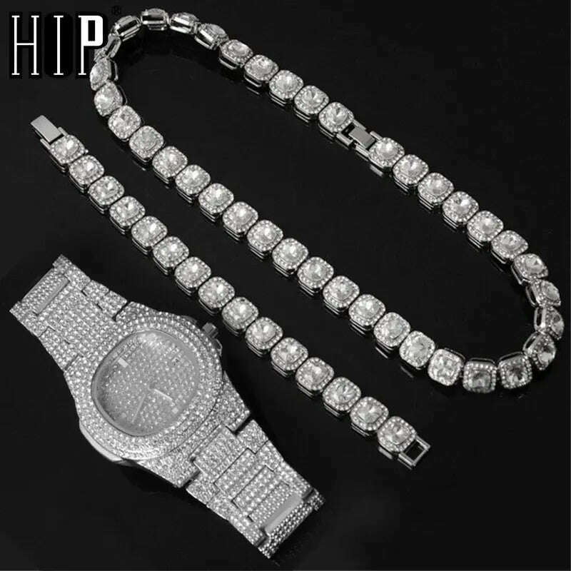 KIMLUD, HIP 12MM Prong Tennis Necklace +Baguette Watch+Bracelet Hip Hop Chain Iced Out Bling Paved Rhinestones CZ Bling For Men Jewelry, KIMLUD Womens Clothes
