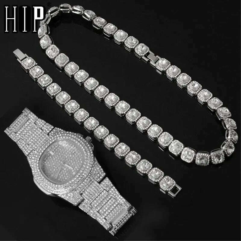 HIP 12MM Prong Tennis Necklace +Baguette Watch+Bracelet Hip Hop Chain Iced Out Bling Paved Rhinestones CZ Bling For Men Jewelry - KIMLUD