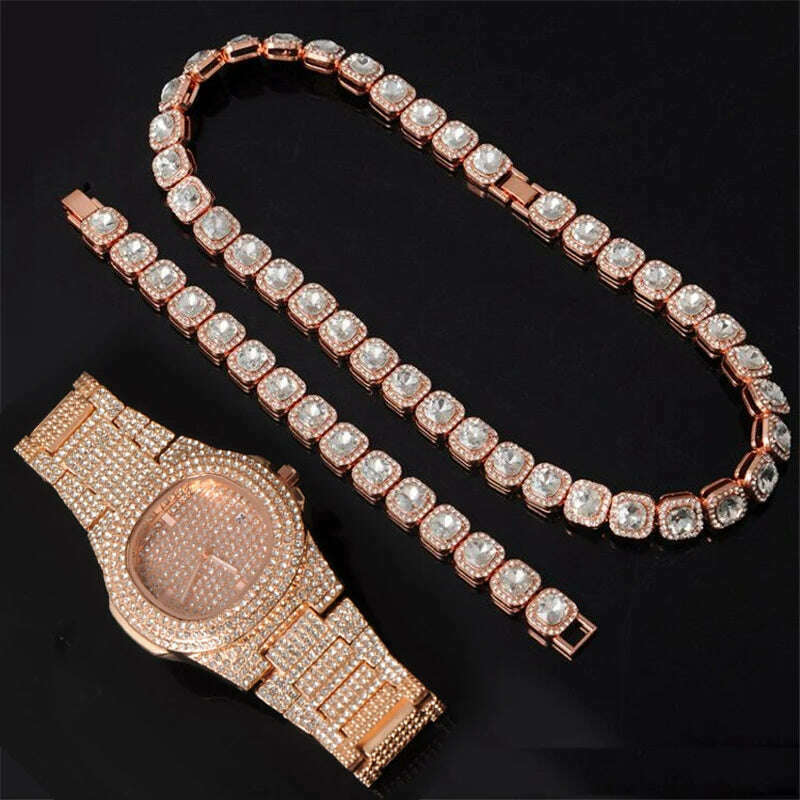 KIMLUD, HIP 12MM Prong Tennis Necklace +Baguette Watch+Bracelet Hip Hop Chain Iced Out Bling Paved Rhinestones CZ Bling For Men Jewelry, 3pcs kit Rose, KIMLUD Womens Clothes