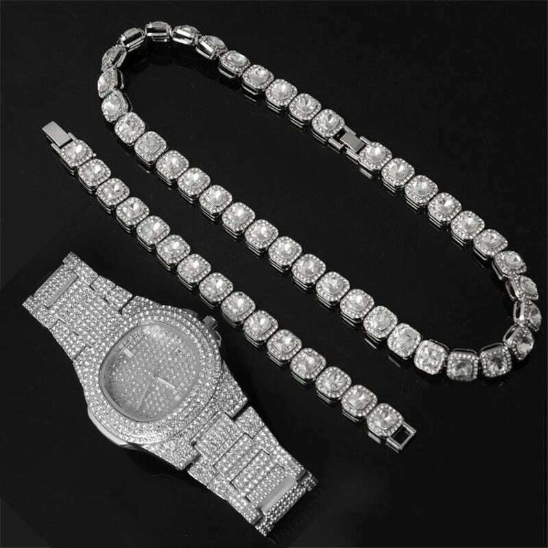 KIMLUD, HIP 12MM Prong Tennis Necklace +Baguette Watch+Bracelet Hip Hop Chain Iced Out Bling Paved Rhinestones CZ Bling For Men Jewelry, watch Chain Bracelet, KIMLUD Womens Clothes