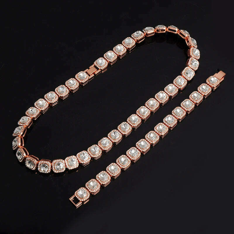 HIP 12MM Prong Tennis Necklace +Baguette Watch+Bracelet Hip Hop Chain Iced Out Bling Paved Rhinestones CZ Bling For Men Jewelry - KIMLUD
