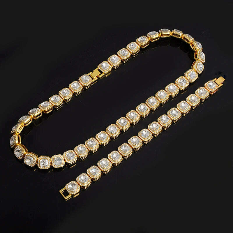 HIP 12MM Prong Tennis Necklace +Baguette Watch+Bracelet Hip Hop Chain Iced Out Bling Paved Rhinestones CZ Bling For Men Jewelry - KIMLUD